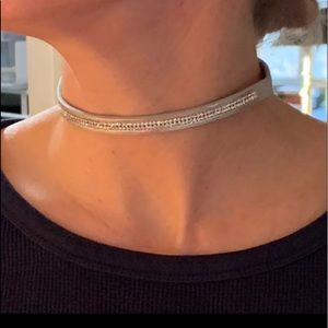 Sliver color leather & rhinestone choker